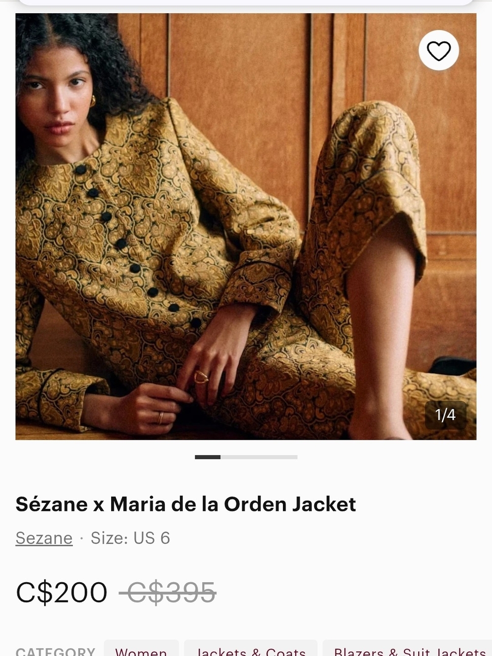 In Search Of Sézane Gold Paisley Blazer Jacket Size 6 Or 8